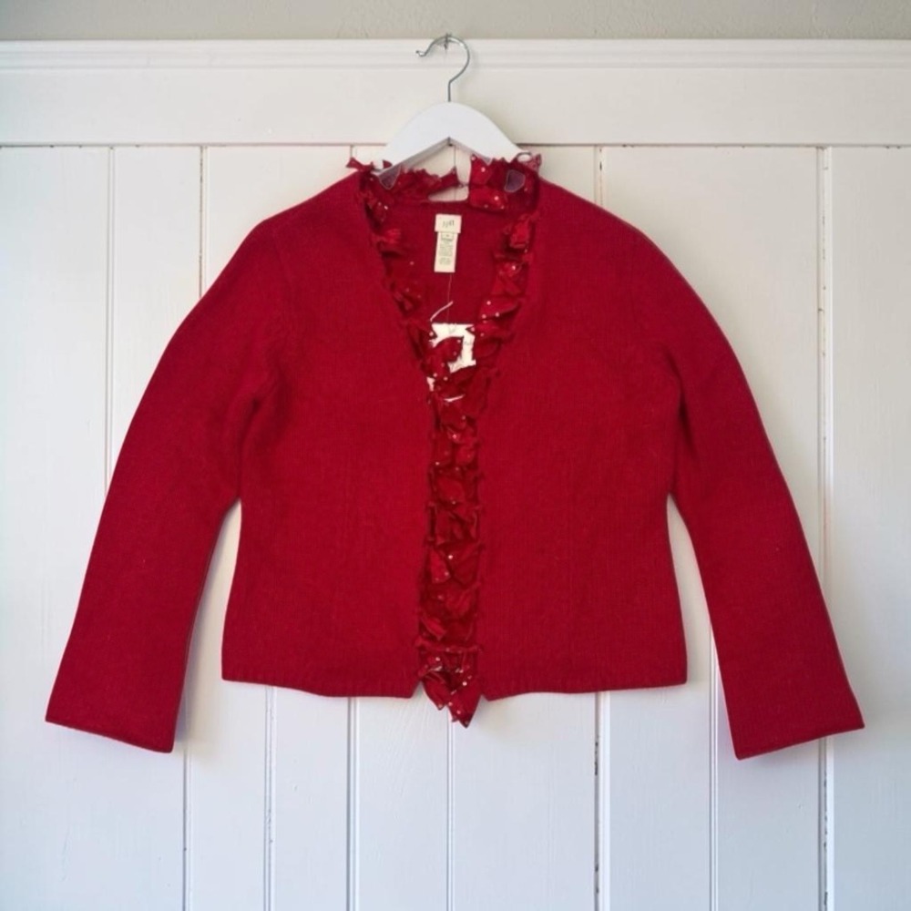 J. Jill Vintage Angora Lambswool Red Cardigan M Sequin Ruffle Romantic Luxe